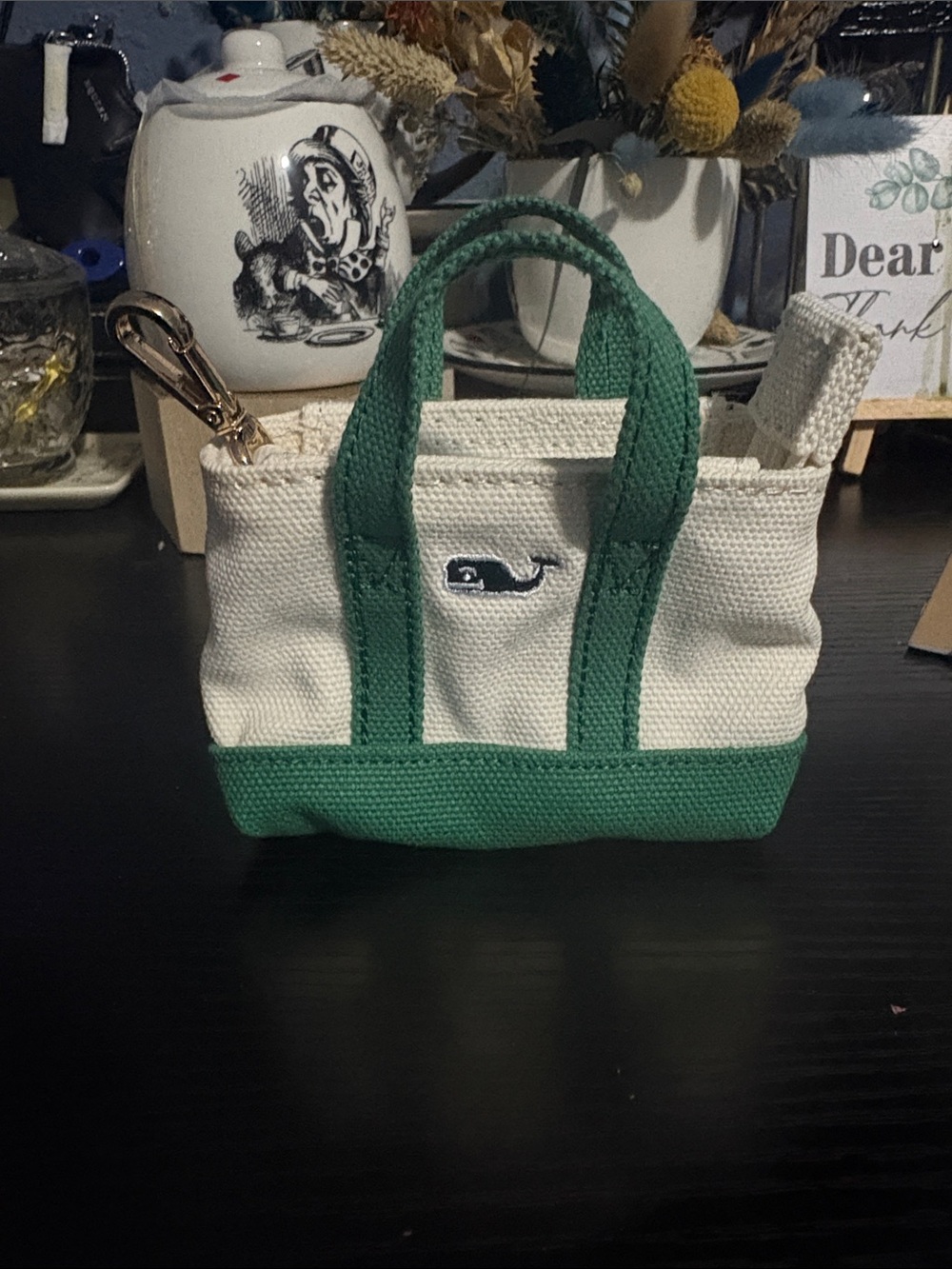 Vineyard Vines Cream Canvas Mini Tote with Green Trim
